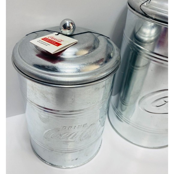 Retro Metal Coca-Cola Logo Tin Steel Canisters Kitchen Storage VTG Style 2pc Set - Picture 6 of 15